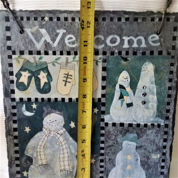 Welcome Sign Plaque Natural Stone Hand Painted Winter Snowman Slate Door Home - Picture 5 of 7